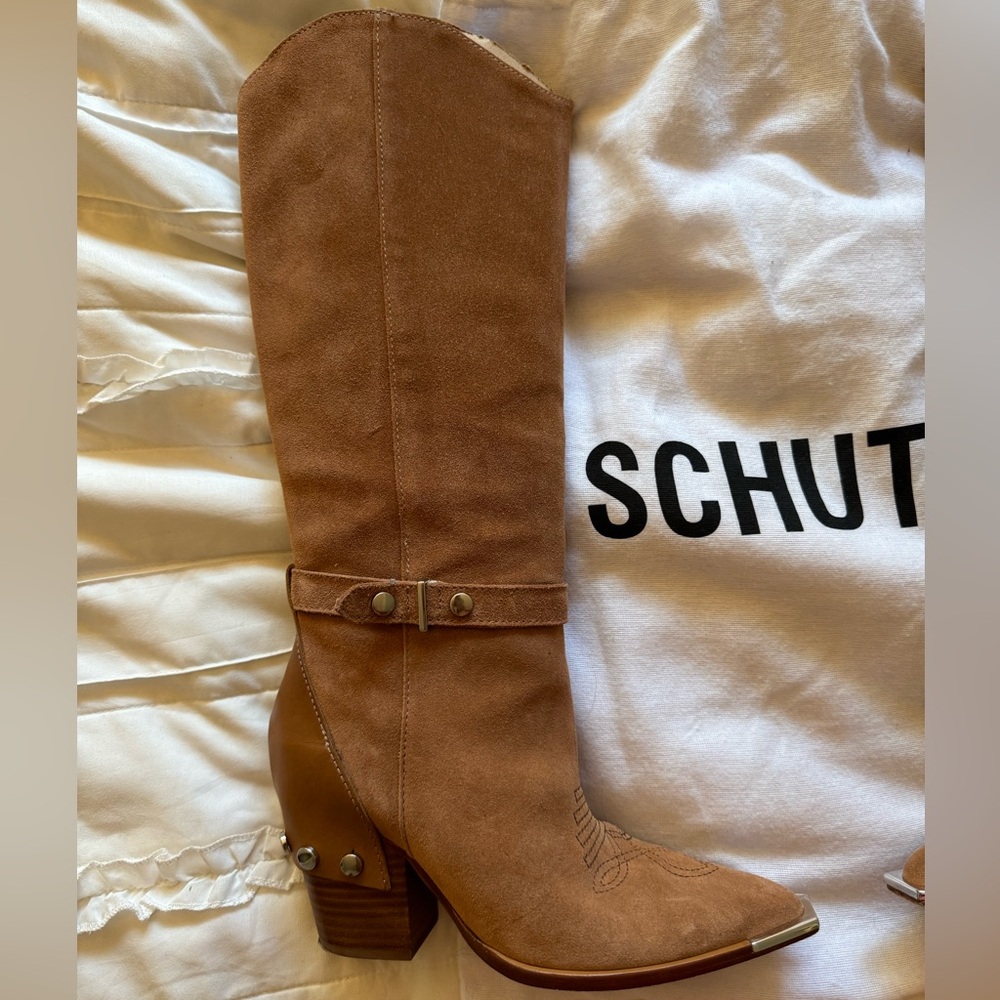 Schutz Cowboy suede, metal square toe heels.